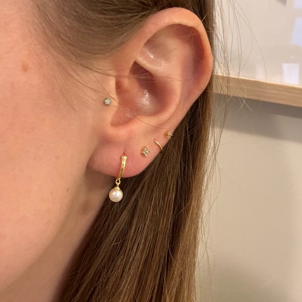 gold plated sterling silver Pearl hoop earrings dangling hoops